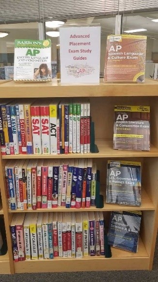 Photo of library shelves holding AP Books available for students